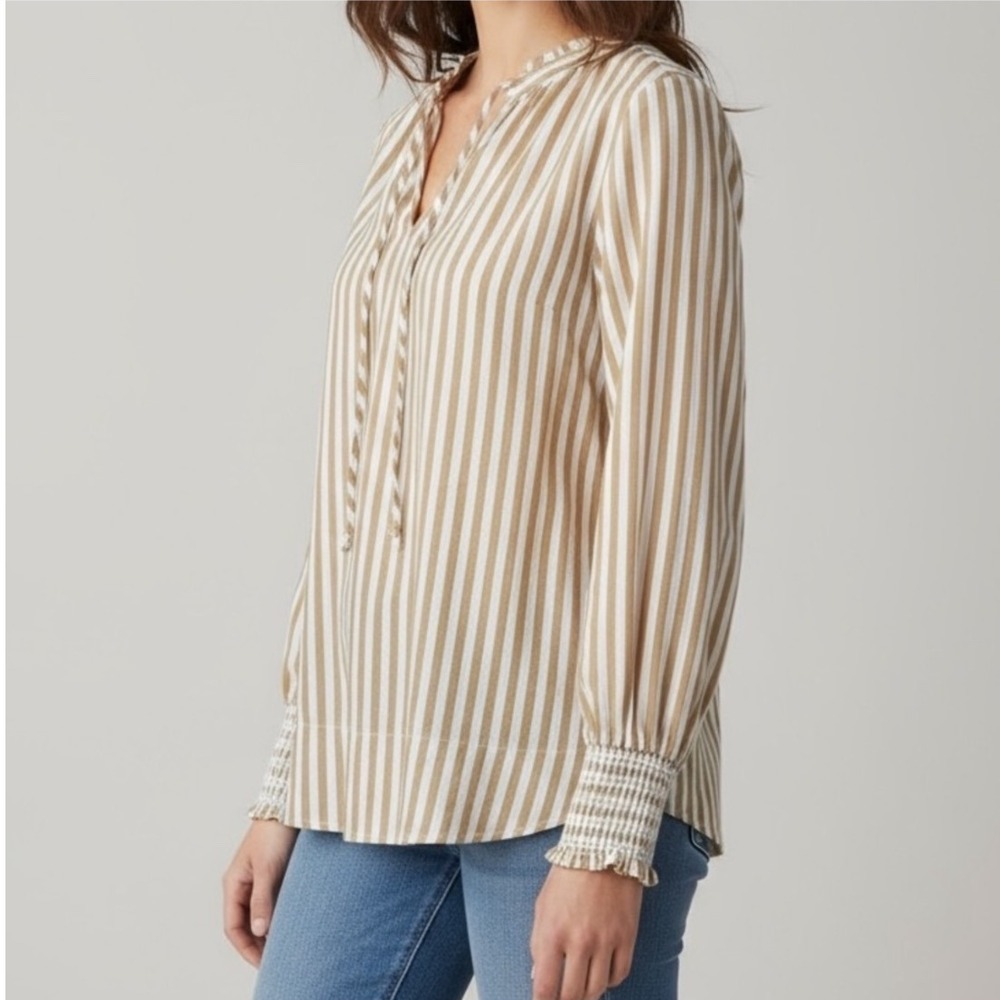 J.crew Striped Blouse Long Sleeve V Neck‎ small Tunic Top Smocked Cuff Casual